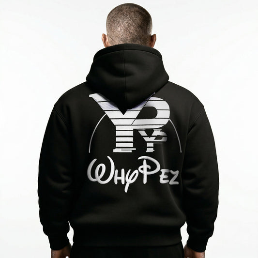 male-Rückansicht des schwarzen Whypez wHoody Hoodies mit großem weißen 'YP' und 'Whypez' Grafikprint.